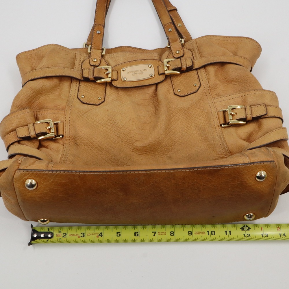 Michael Kors Tote Bag Large Tan Leather Python Embossed Gold Buckle Satchel - Picture 3 of 13